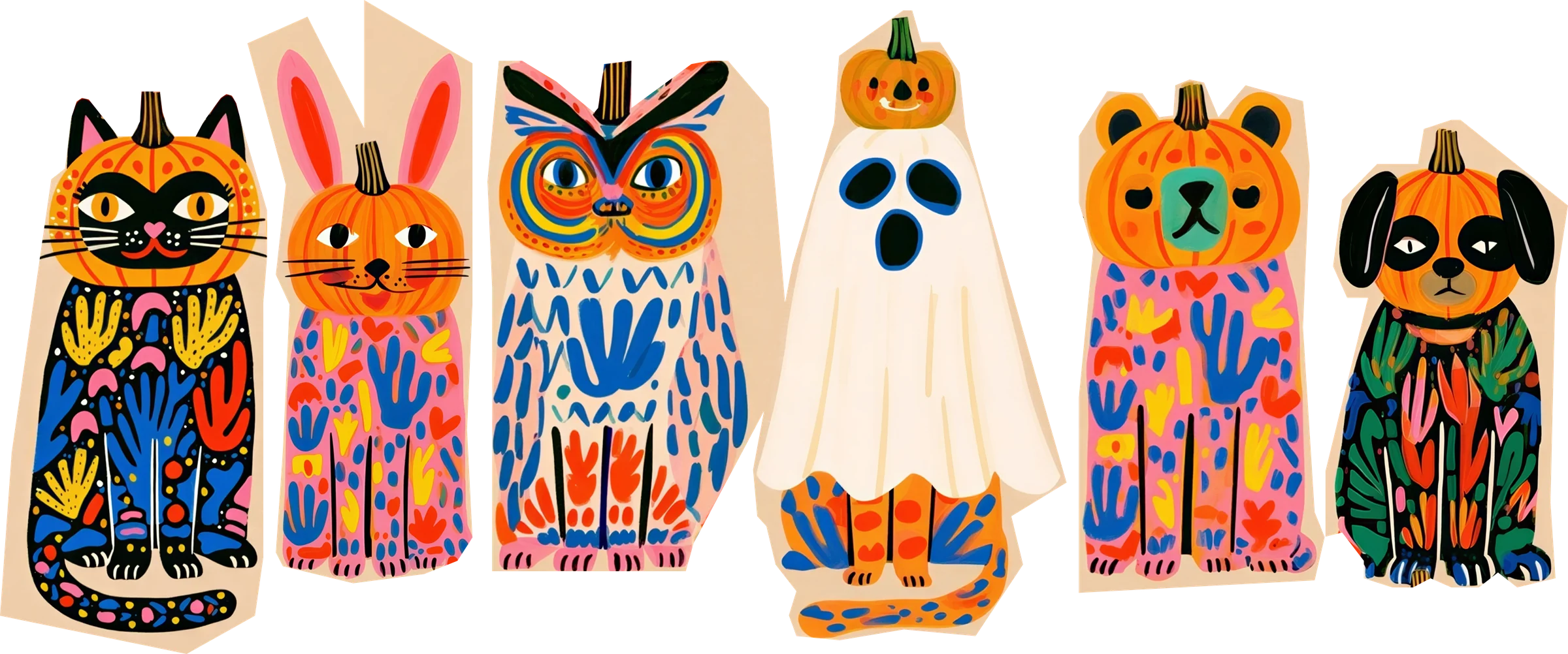 Six painted characters in Halloween costumes with pumpkin heads: a cat, a bunny, an owl, a ghost, a bear and a dog